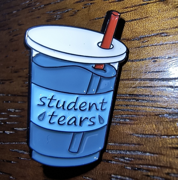 Women’s Jewelry Unique Funny Cute ‘Student Tears’ on Drink Cup Enamel Pin - Picture 1 of 2